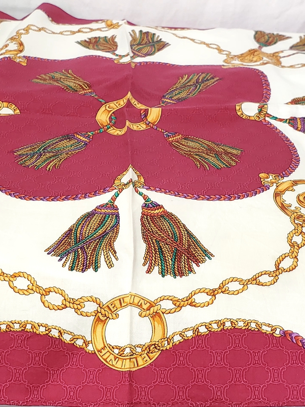 Celine White and Wine Red Silk Scarf with Gold Chain & Multicolor Tassels